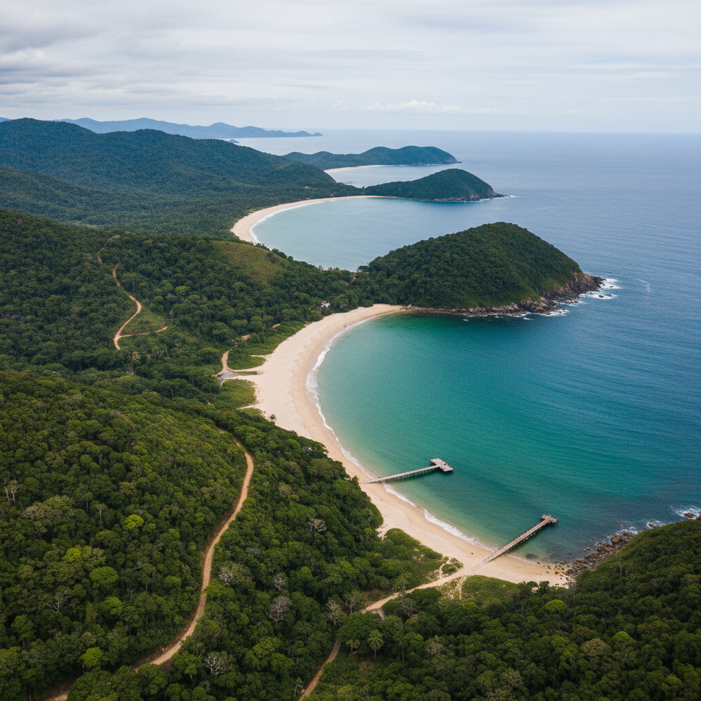 A tranquil panoramic view of Ilha Grande’s coastline from above, captured as if from a low-flying drone. Curving bays of pale, fine sand meet calm emerald and deep-blue waters that gently gradient toward the open ocean. Dense, velvety-green rainforest blankets the steep hills and ridges, interrupted only by narrow, winding trails and small wooden piers extending into the sea. Soft afternoon light from an overcast sky creates even, diffused illumination with minimal harsh shadows, emphasizing the rich natural textures and colors. The mood is serene, expansive, and slightly adventurous. Composed with a wide-angle lens for maximum depth and clarity, the image has sharp focus throughout and a professional, photographic realism that feels ideal for an overview section describing Ilha Grande tours and destinations.