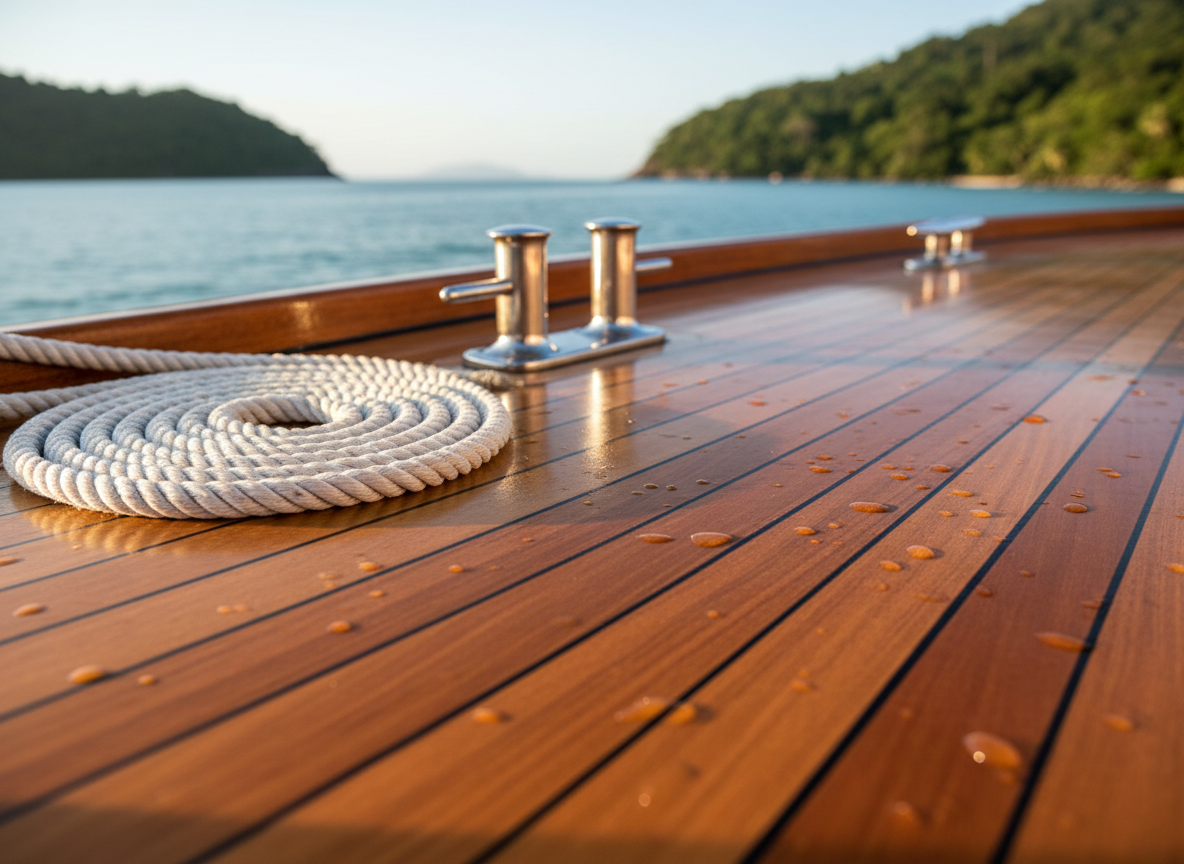 A close-up, highly detailed view of a polished wooden boat deck on a tour vessel anchored near Ilha Grande. The honey-toned planks show subtle grain patterns and small water droplets catching the light. Along one side, a neatly coiled white marine rope rests next to stainless steel cleats, all immaculate and well-maintained. Beyond the deck’s edge, the out-of-focus background reveals a tranquil bay with soft turquoise water and a hint of forested shoreline. Warm, angled golden-hour sunlight creates gentle highlights on the wood and metal, with soft, elongated shadows adding depth. Shot from a low, slightly diagonal angle with shallow depth of field, the composition feels intimate and professional, emphasizing safety, quality, and attention to detail in a clean, photographic style for a trusted tour operator.