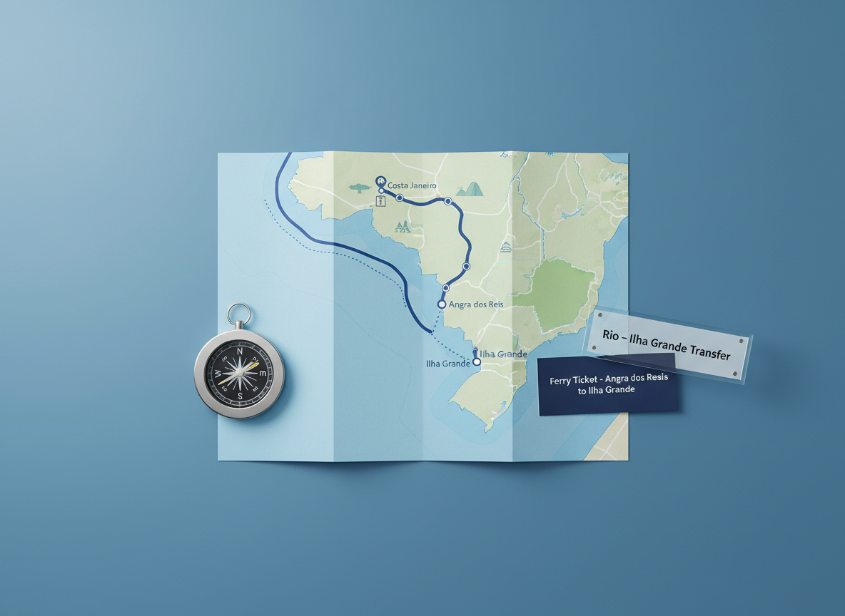 An elegant, minimalist map-style overhead composition showing the route between Rio de Janeiro and Ilha Grande. A clean, matte-blue tabletop surface serves as the background. On it rests a detailed, folded paper map of the Costa Verde region with clearly visible Rio landmarks, coastal roads, and the island’s outline. A slim, brushed-metal compass and a dark-blue ferry ticket are neatly arranged beside the map, along with a small, modern sign reading “Rio – Ilha Grande Transfer” in crisp typography. Soft, diffused studio lighting from above avoids harsh reflections, creating gentle, controlled shadows that emphasize the objects’ forms. Shot from a perfectly top-down bird’s-eye view with sharp focus, the mood is organized, reliable, and professional, rendered in photographic realism to visually support information about transfer services.
